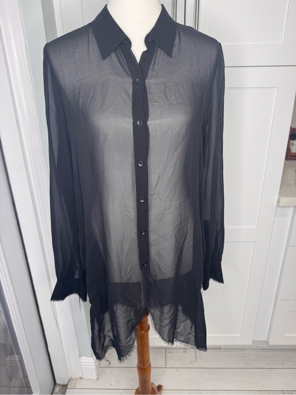 GO SILK - Black Sheer Distressed Raw Hem Tunic Blouse - Women's Size Medium